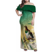 New Zealand Pigeon Kereru Family Matching Off Shoulder Maxi Dress and Hawaiian Shirt Maori Fern Art Green Gradient - Polynesian Pride