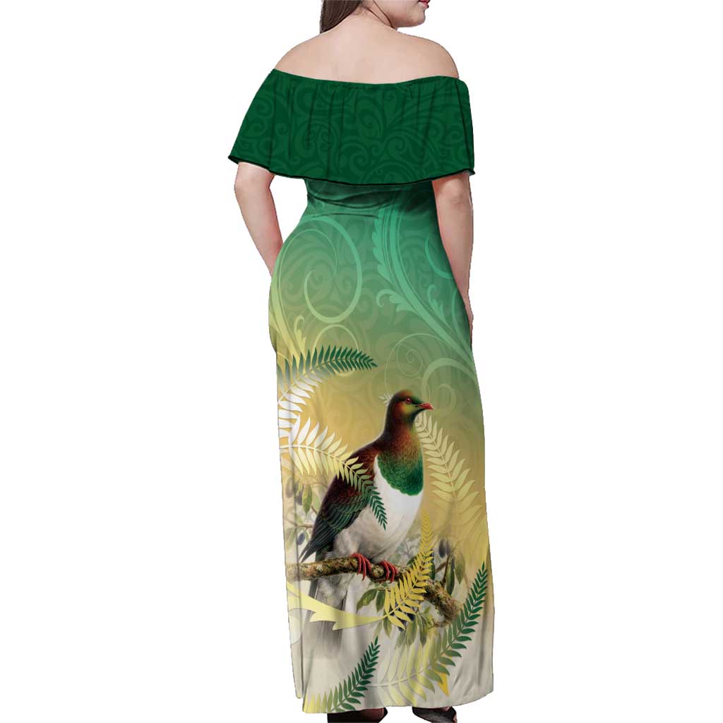 New Zealand Pigeon Kereru Family Matching Off Shoulder Maxi Dress and Hawaiian Shirt Maori Fern Art Green Gradient - Polynesian Pride