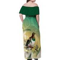 New Zealand Pigeon Kereru Family Matching Off Shoulder Maxi Dress and Hawaiian Shirt Maori Fern Art Green Gradient - Polynesian Pride