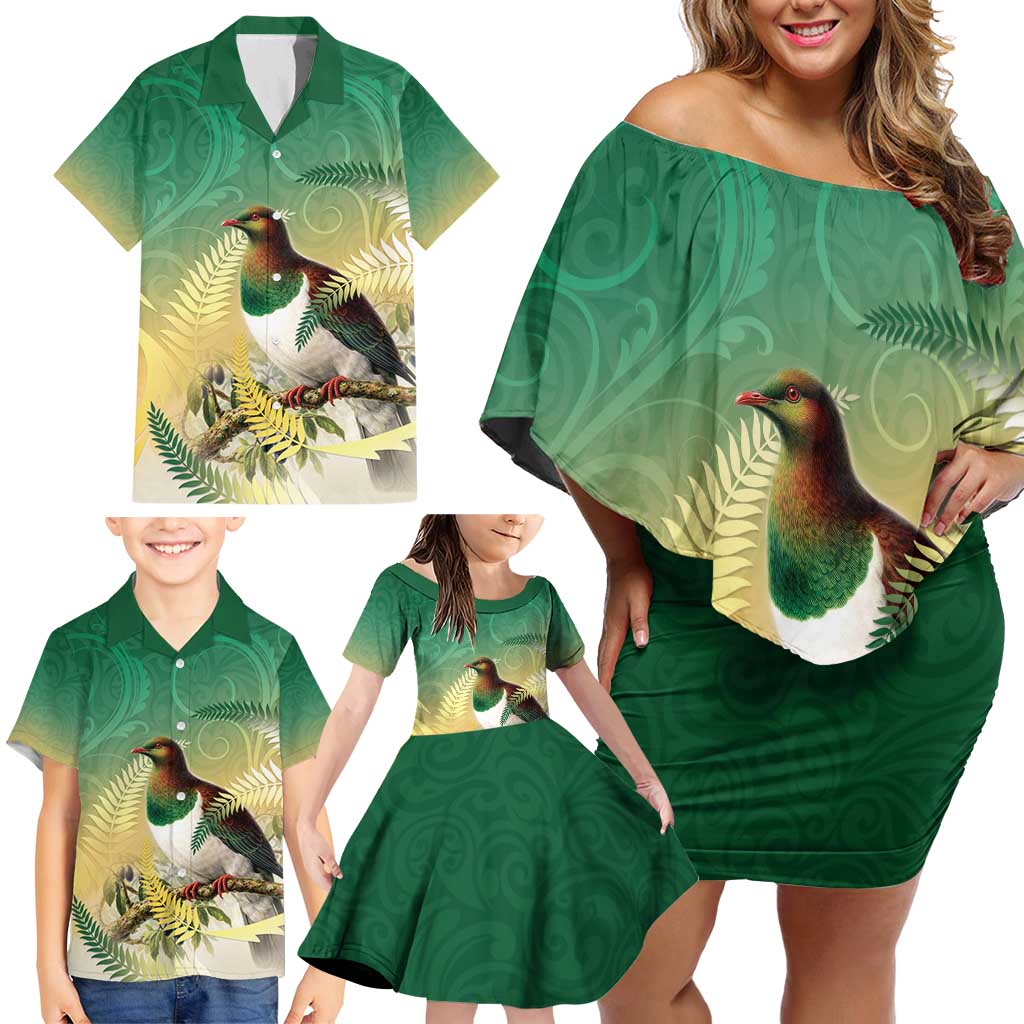 New Zealand Pigeon Kereru Family Matching Off Shoulder Short Dress and Hawaiian Shirt Maori Fern Art Green Gradient - Polynesian Pride