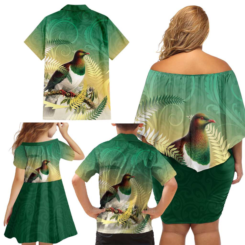 New Zealand Pigeon Kereru Family Matching Off Shoulder Short Dress and Hawaiian Shirt Maori Fern Art Green Gradient - Polynesian Pride