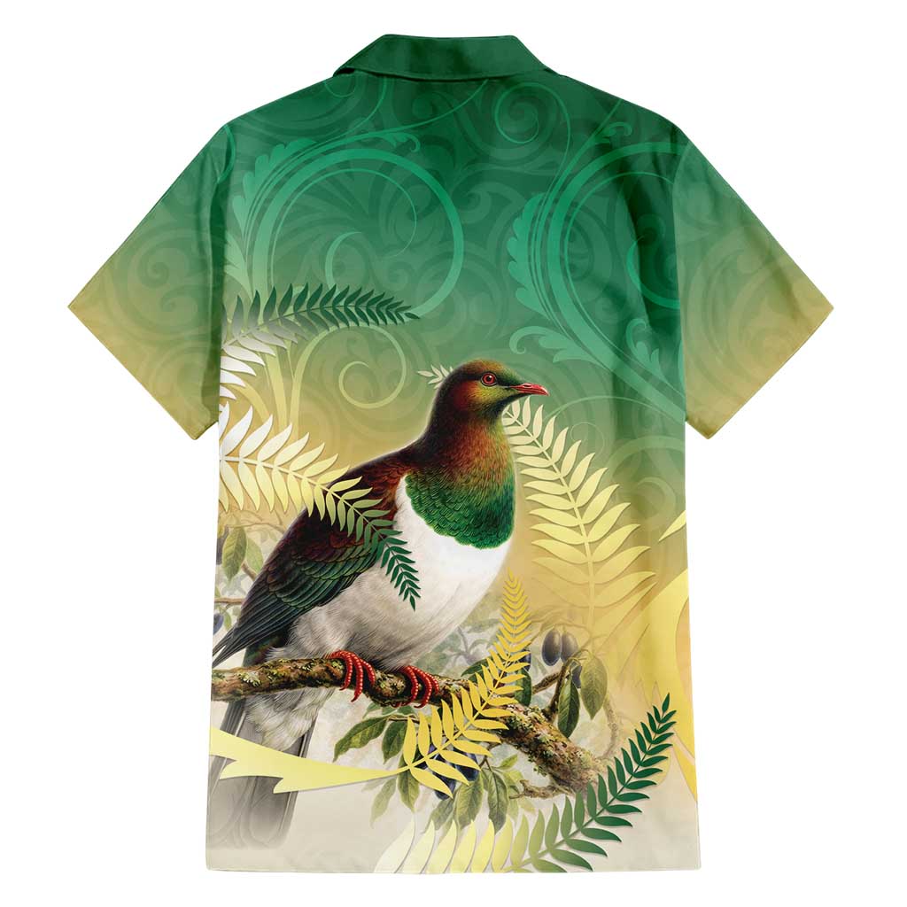 New Zealand Pigeon Kereru Family Matching Off Shoulder Short Dress and Hawaiian Shirt Maori Fern Art Green Gradient - Polynesian Pride