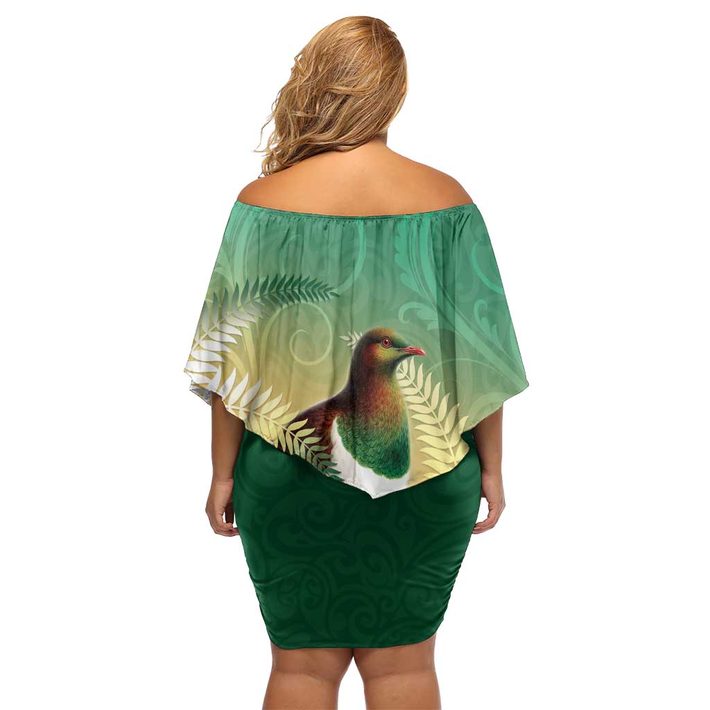 New Zealand Pigeon Kereru Family Matching Off Shoulder Short Dress and Hawaiian Shirt Maori Fern Art Green Gradient - Polynesian Pride