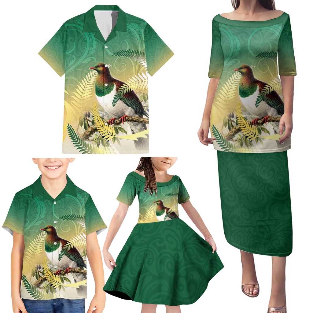 New Zealand Pigeon Kereru Family Matching Puletasi and Hawaiian Shirt Maori Fern Art Green Gradient - Polynesian Pride