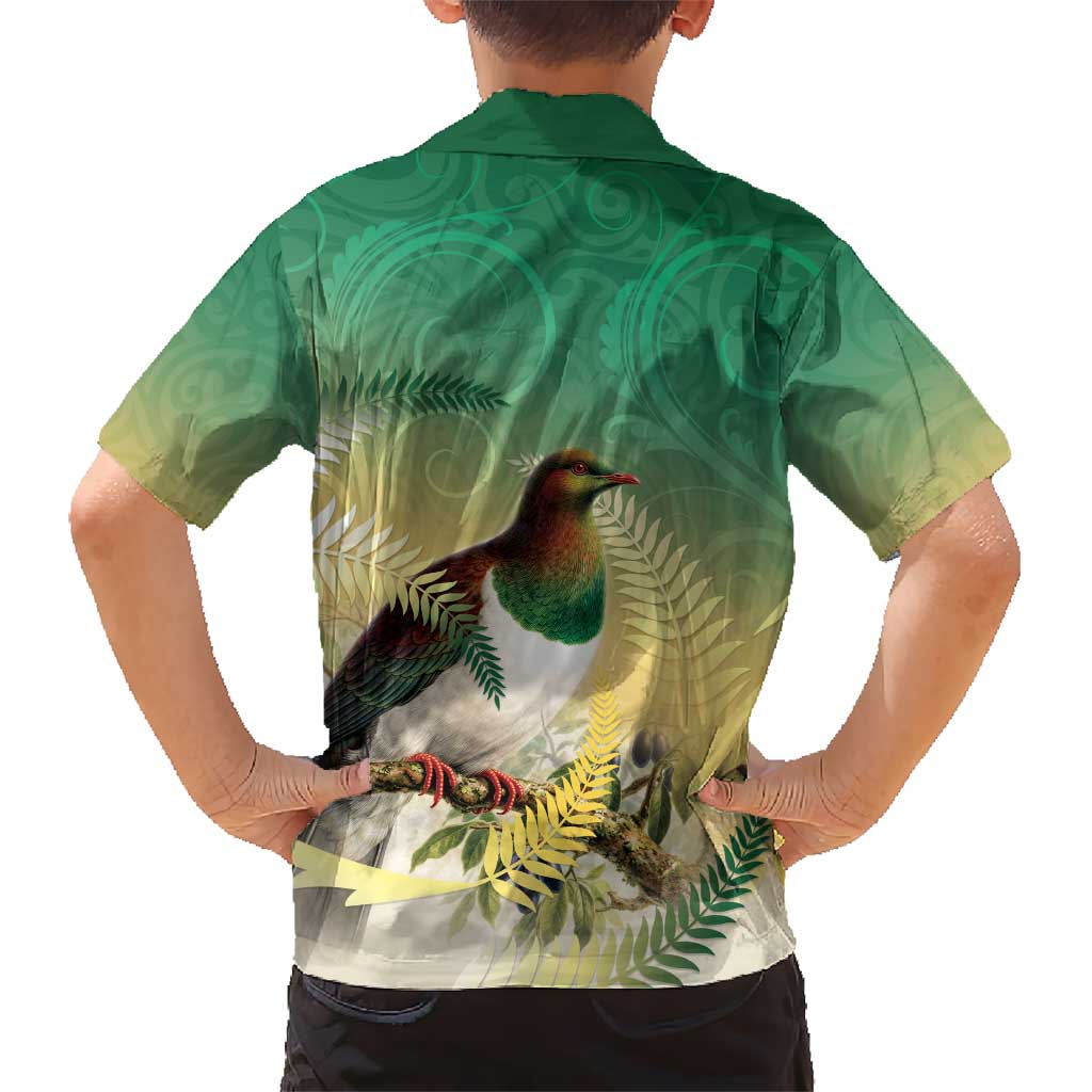 New Zealand Pigeon Kereru Family Matching Short Sleeve Bodycon Dress and Hawaiian Shirt Maori Fern Art Green Gradient - Polynesian Pride