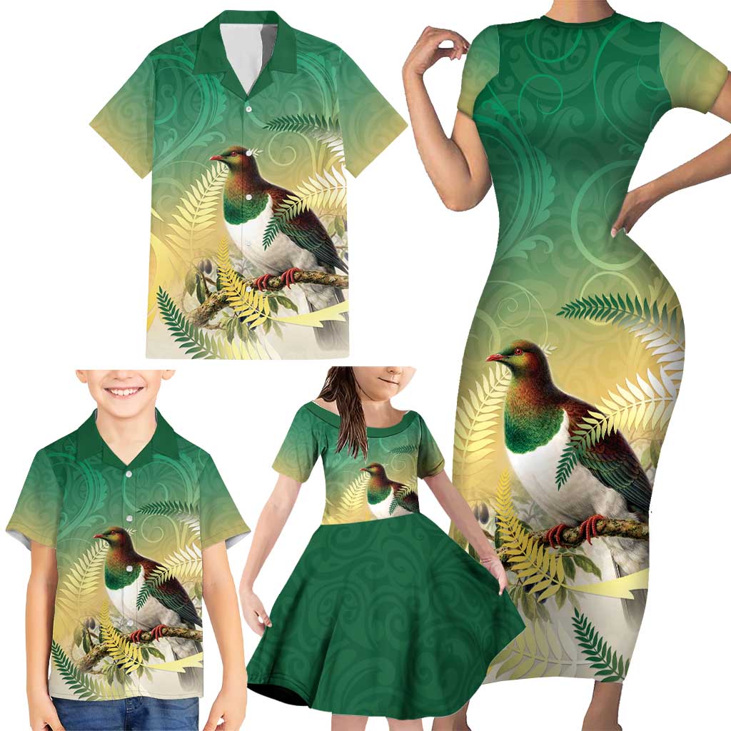 New Zealand Pigeon Kereru Family Matching Short Sleeve Bodycon Dress and Hawaiian Shirt Maori Fern Art Green Gradient - Polynesian Pride