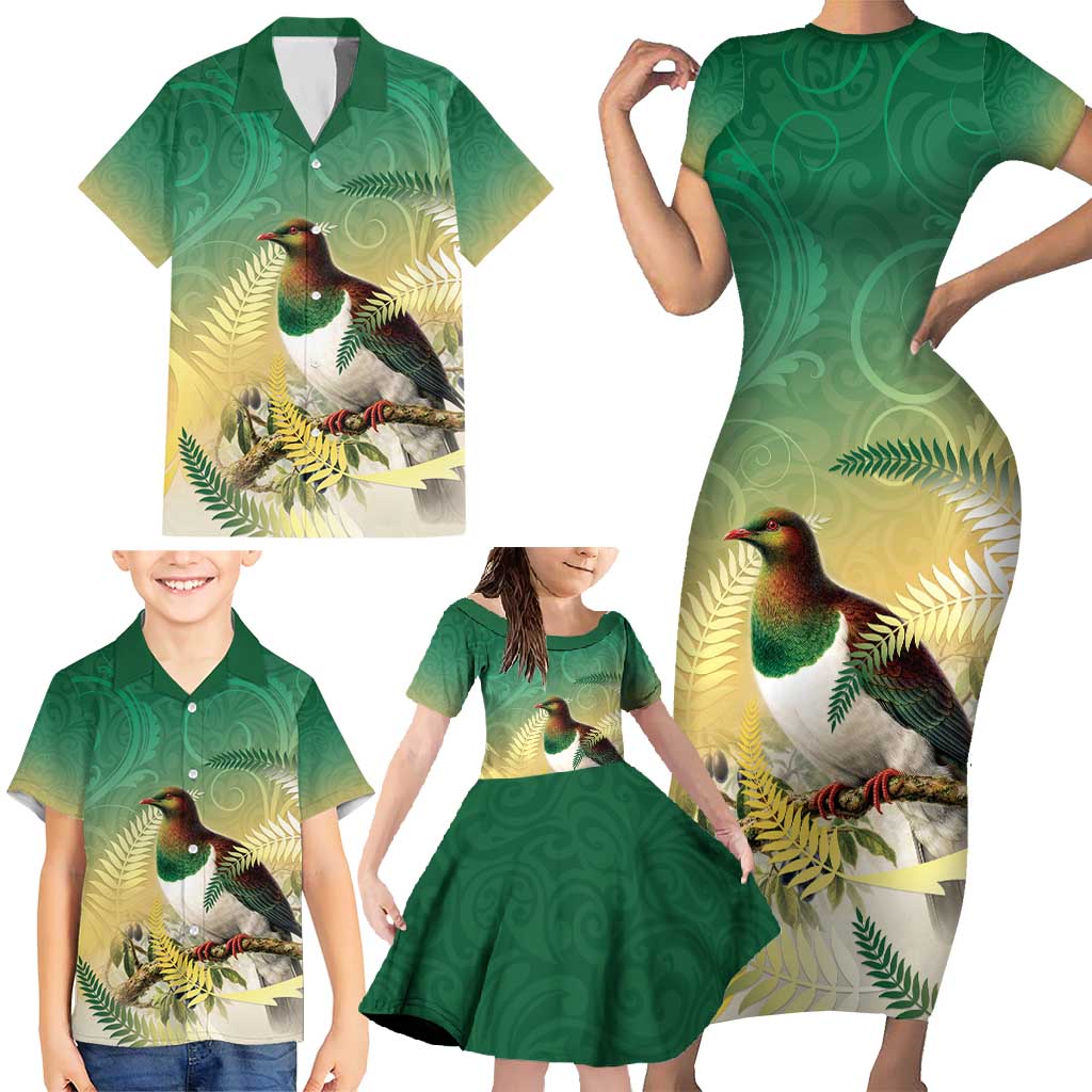 New Zealand Pigeon Kereru Family Matching Short Sleeve Bodycon Dress and Hawaiian Shirt Maori Fern Art Green Gradient - Polynesian Pride