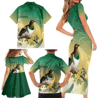 New Zealand Pigeon Kereru Family Matching Short Sleeve Bodycon Dress and Hawaiian Shirt Maori Fern Art Green Gradient - Polynesian Pride
