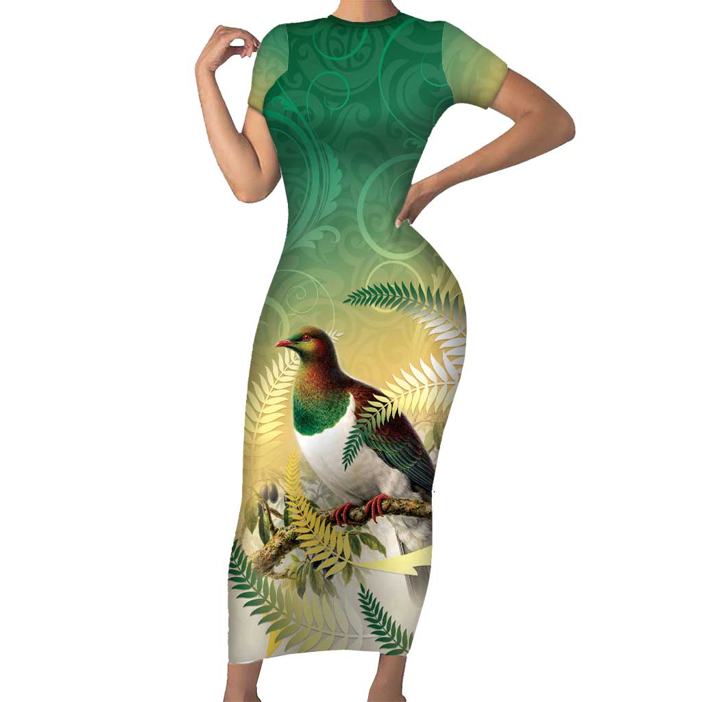 New Zealand Pigeon Kereru Family Matching Short Sleeve Bodycon Dress and Hawaiian Shirt Maori Fern Art Green Gradient - Polynesian Pride