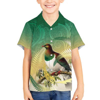New Zealand Pigeon Kereru Family Matching Short Sleeve Bodycon Dress and Hawaiian Shirt Maori Fern Art Green Gradient - Polynesian Pride