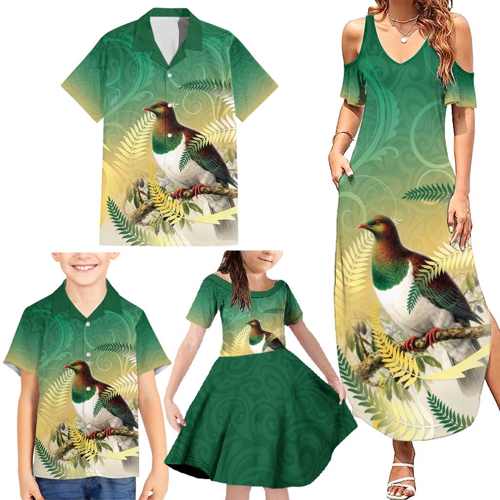 New Zealand Pigeon Kereru Family Matching Summer Maxi Dress and Hawaiian Shirt Maori Fern Art Green Gradient - Polynesian Pride