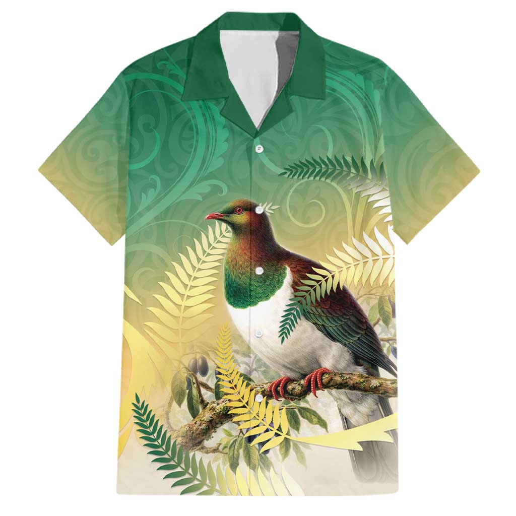 New Zealand Pigeon Kereru Family Matching Summer Maxi Dress and Hawaiian Shirt Maori Fern Art Green Gradient - Polynesian Pride