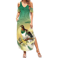 New Zealand Pigeon Kereru Family Matching Summer Maxi Dress and Hawaiian Shirt Maori Fern Art Green Gradient - Polynesian Pride