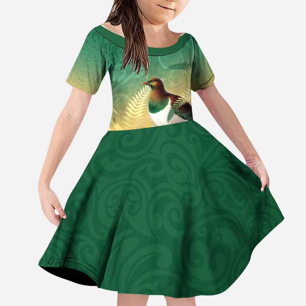 New Zealand Pigeon Kereru Family Matching Tank Maxi Dress and Hawaiian Shirt Maori Fern Art Green Gradient - Polynesian Pride