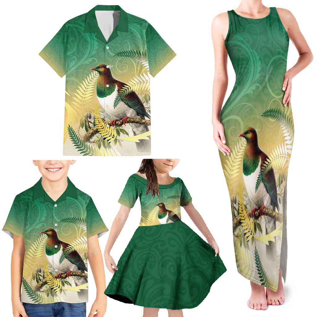 New Zealand Pigeon Kereru Family Matching Tank Maxi Dress and Hawaiian Shirt Maori Fern Art Green Gradient - Polynesian Pride