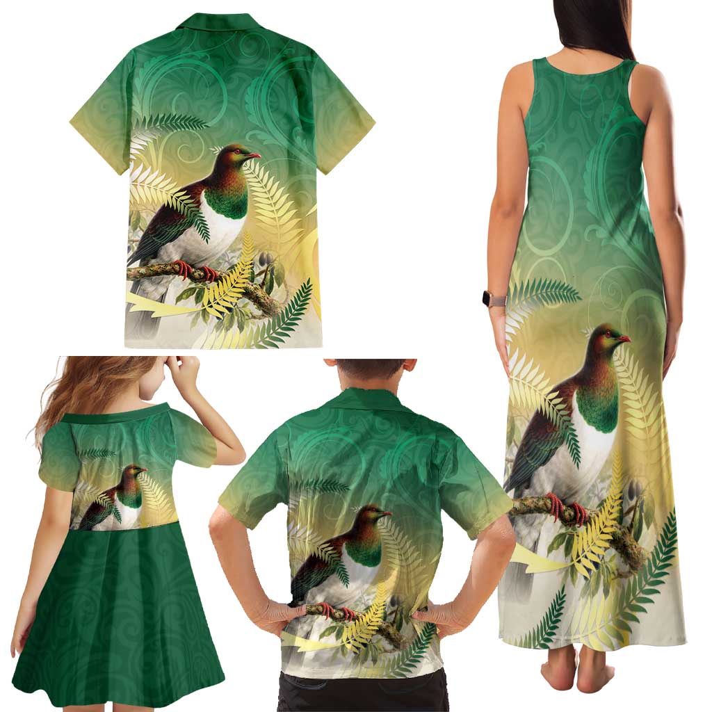 New Zealand Pigeon Kereru Family Matching Tank Maxi Dress and Hawaiian Shirt Maori Fern Art Green Gradient - Polynesian Pride