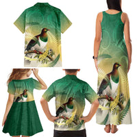 New Zealand Pigeon Kereru Family Matching Tank Maxi Dress and Hawaiian Shirt Maori Fern Art Green Gradient - Polynesian Pride