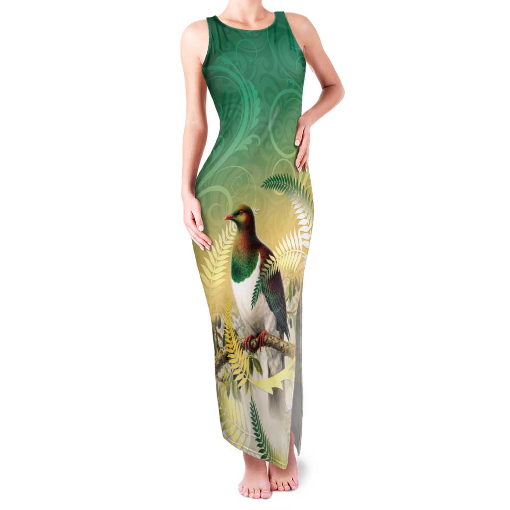 New Zealand Pigeon Kereru Family Matching Tank Maxi Dress and Hawaiian Shirt Maori Fern Art Green Gradient - Polynesian Pride