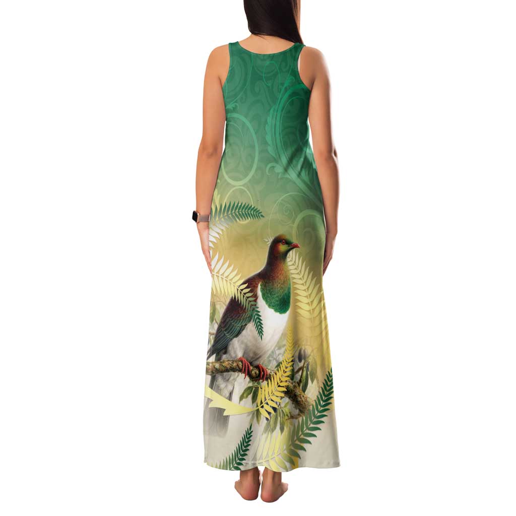 New Zealand Pigeon Kereru Family Matching Tank Maxi Dress and Hawaiian Shirt Maori Fern Art Green Gradient - Polynesian Pride