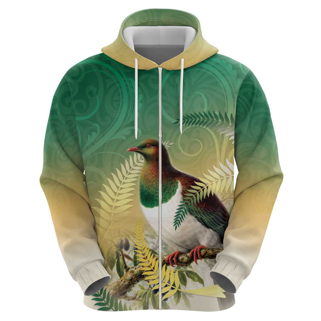 New Zealand Pigeon Kereru Hoodie Maori Fern Art Green Gradient - Polynesian Pride