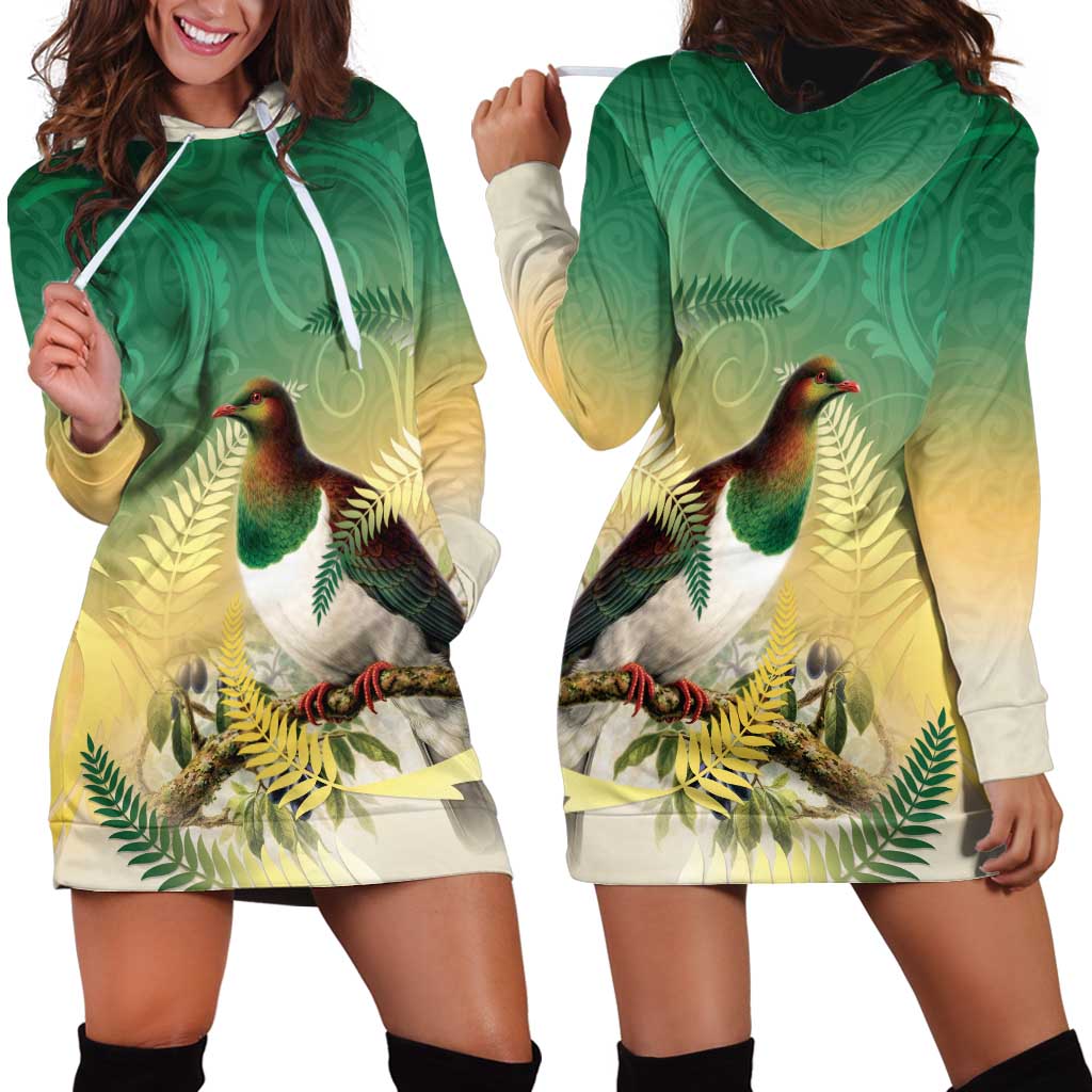 New Zealand Pigeon Kereru Hoodie Dress Maori Fern Art Green Gradient - Polynesian Pride