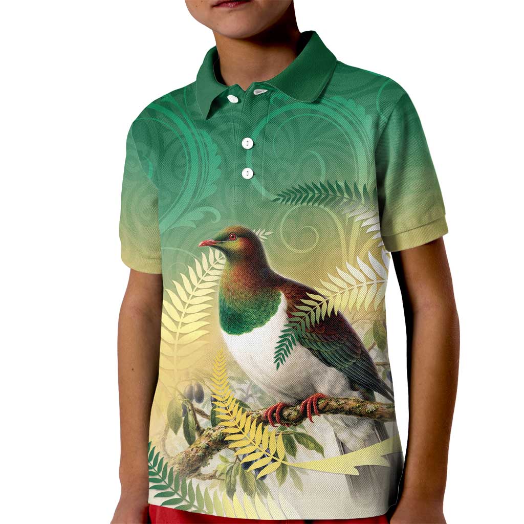 New Zealand Pigeon Kereru Kid Polo Shirt Maori Fern Art Green Gradient - Polynesian Pride