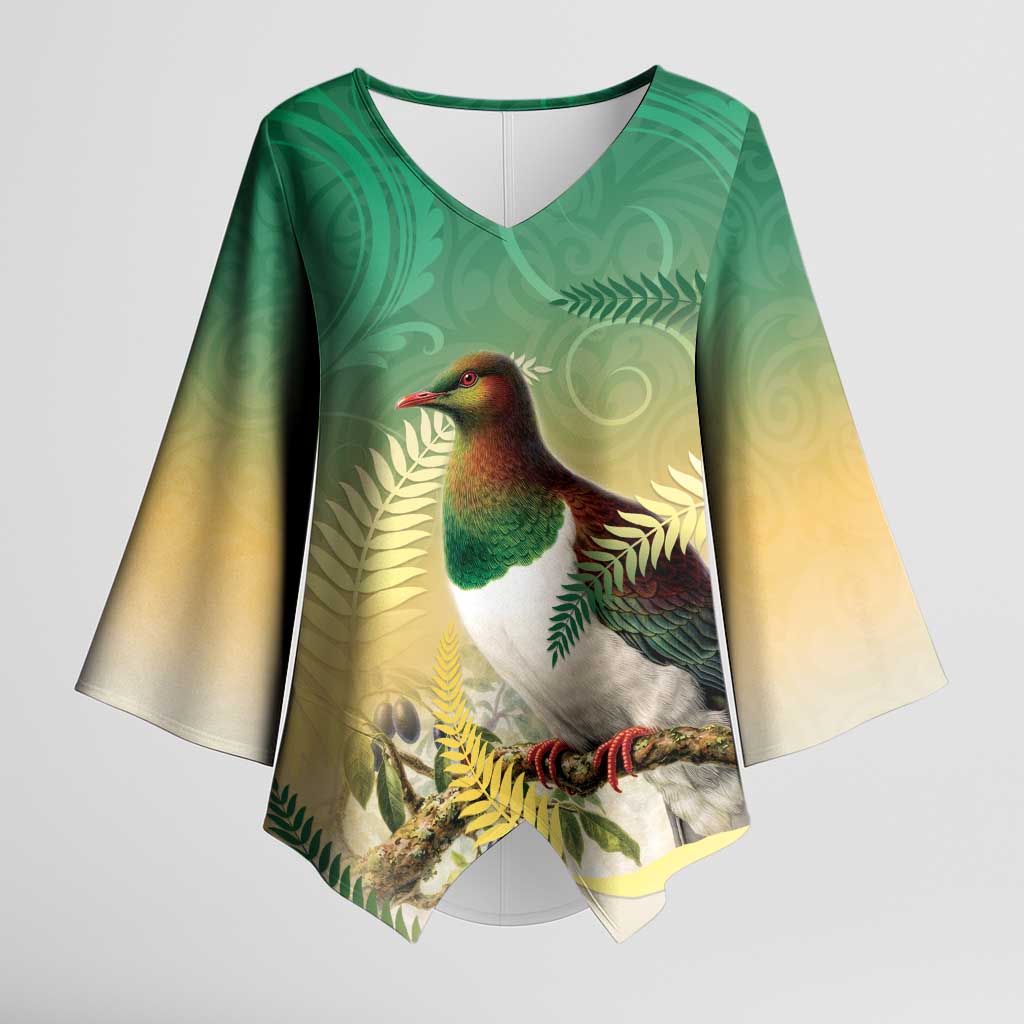 New Zealand Pigeon Kereru Kimono Sleeve Blouse Maori Fern Art Green Gradient LT05 Female Green - Polynesian Pride
