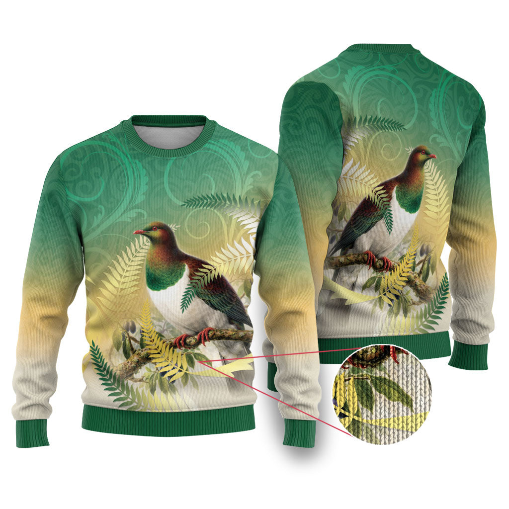 New Zealand Pigeon Kereru Ugly Christmas Sweater Maori Fern Art Green Gradient LT05 Green - Polynesian Pride
