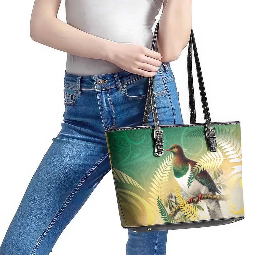 New Zealand Pigeon Kereru Leather Tote Bag Maori Fern Art Green Gradient - Polynesian Pride