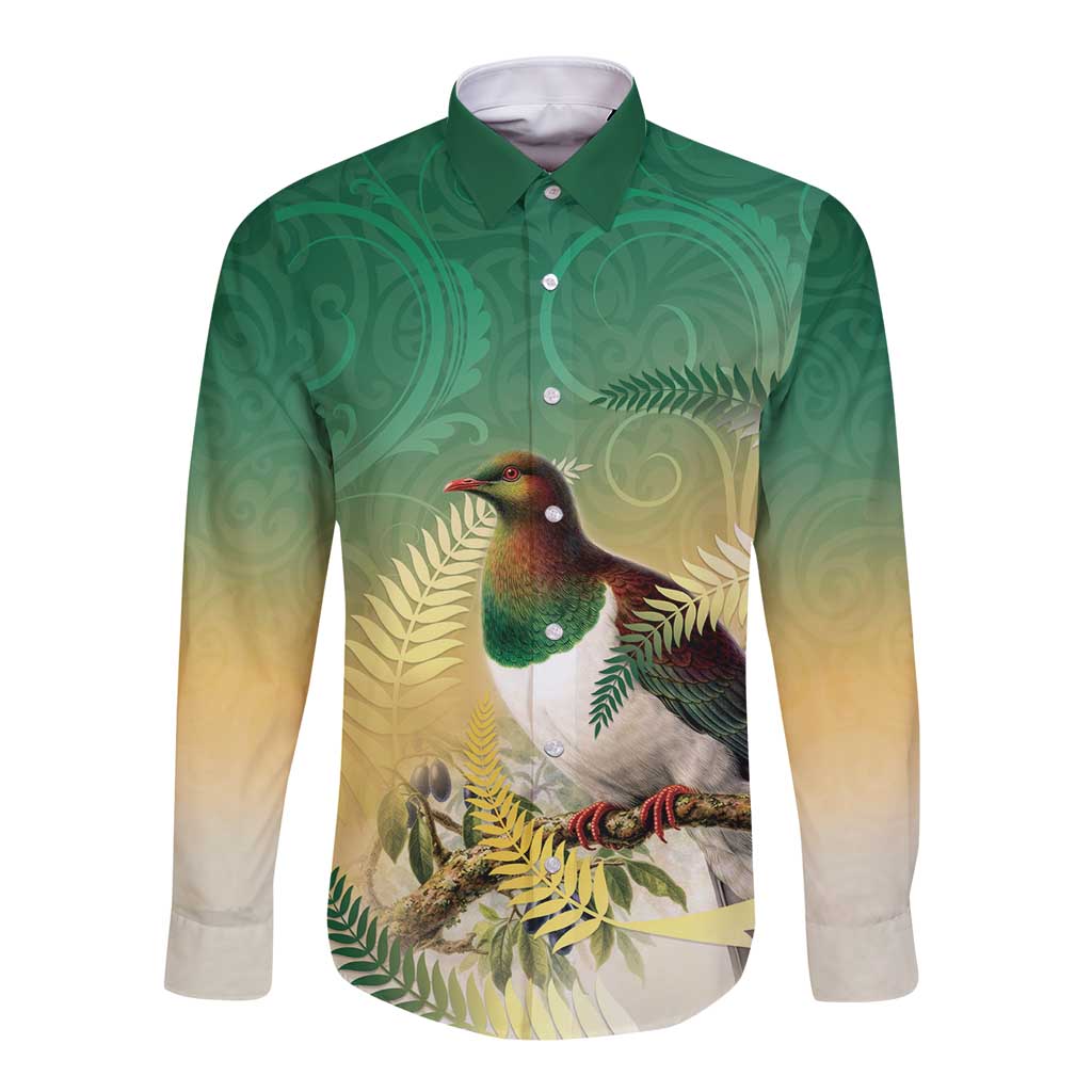 New Zealand Pigeon Kereru Long Sleeve Button Shirt Maori Fern Art Green Gradient LT05 Unisex Green - Polynesian Pride