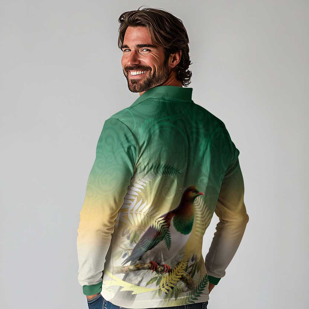 New Zealand Pigeon Kereru Long Sleeve Polo Shirt Maori Fern Art Green Gradient - Polynesian Pride