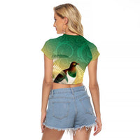 New Zealand Pigeon Kereru Raglan Cropped T Shirt Maori Fern Art Green Gradient - Polynesian Pride