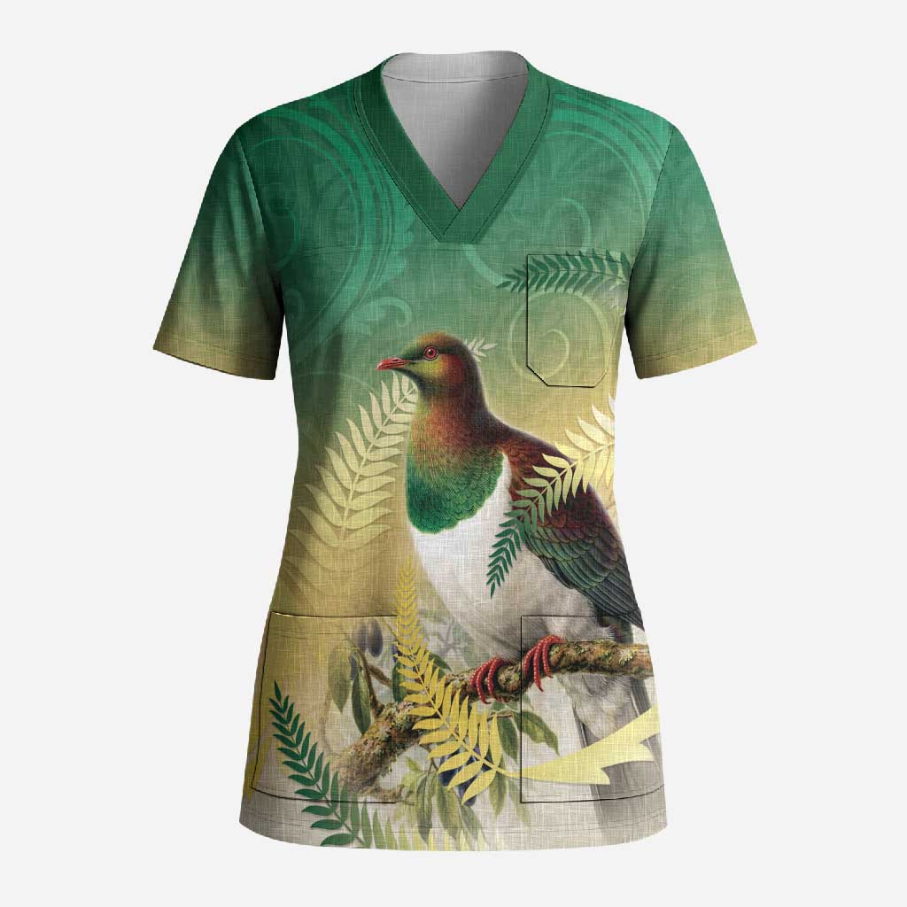 New Zealand Pigeon Kereru Scrub Top Maori Fern Art Green Gradient - Polynesian Pride