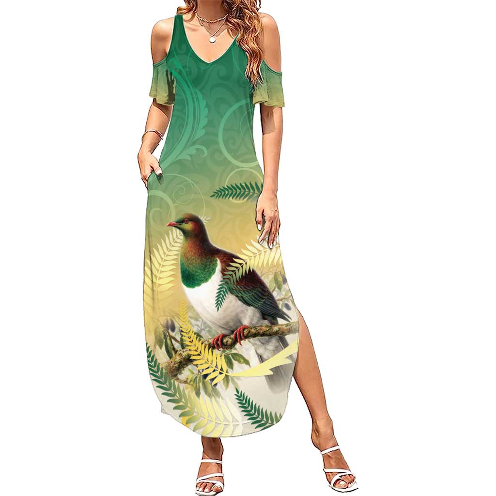 New Zealand Pigeon Kereru Summer Maxi Dress Maori Fern Art Green Gradient LT05 Women Green - Polynesian Pride