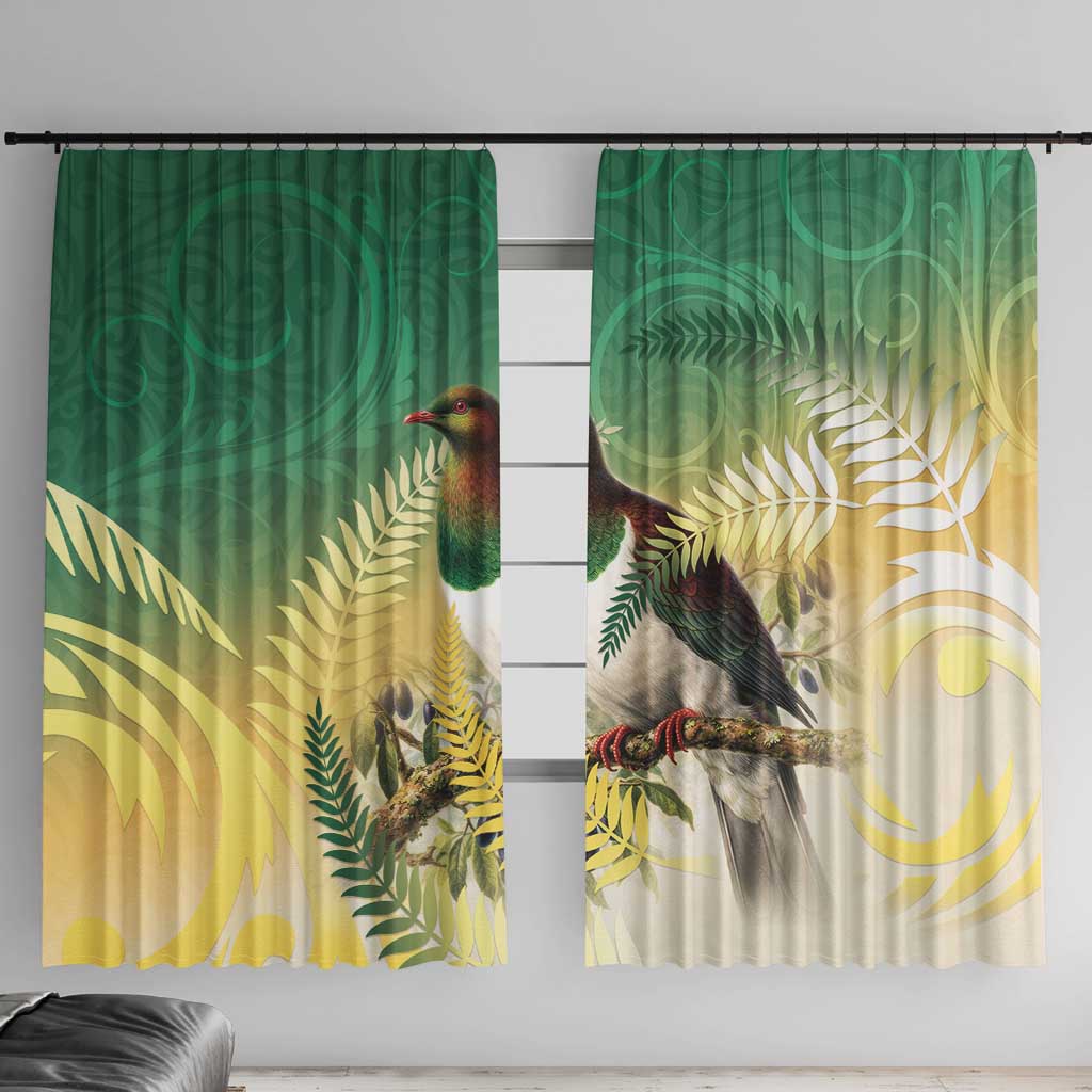 New Zealand Pigeon Kereru Window Curtain Maori Fern Art Green Gradient - Polynesian Pride