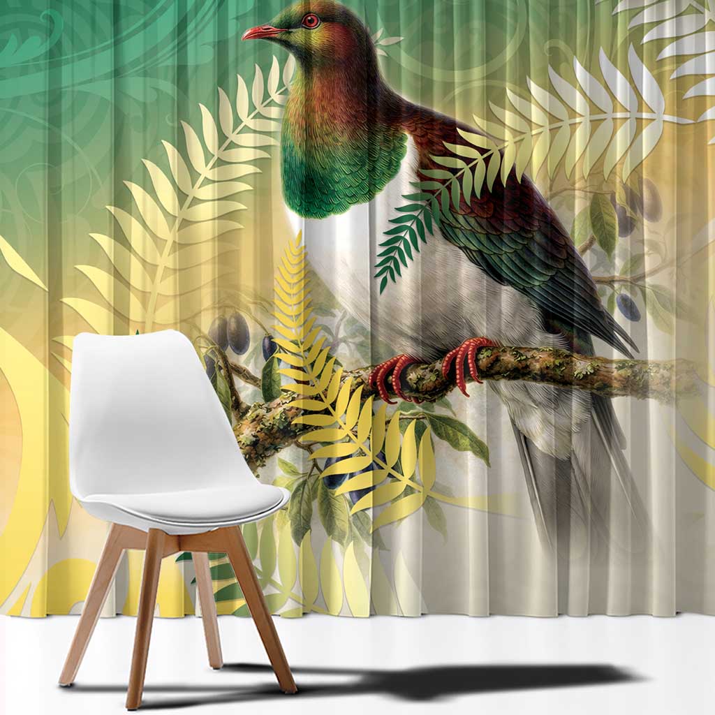 New Zealand Pigeon Kereru Window Curtain Maori Fern Art Green Gradient - Polynesian Pride