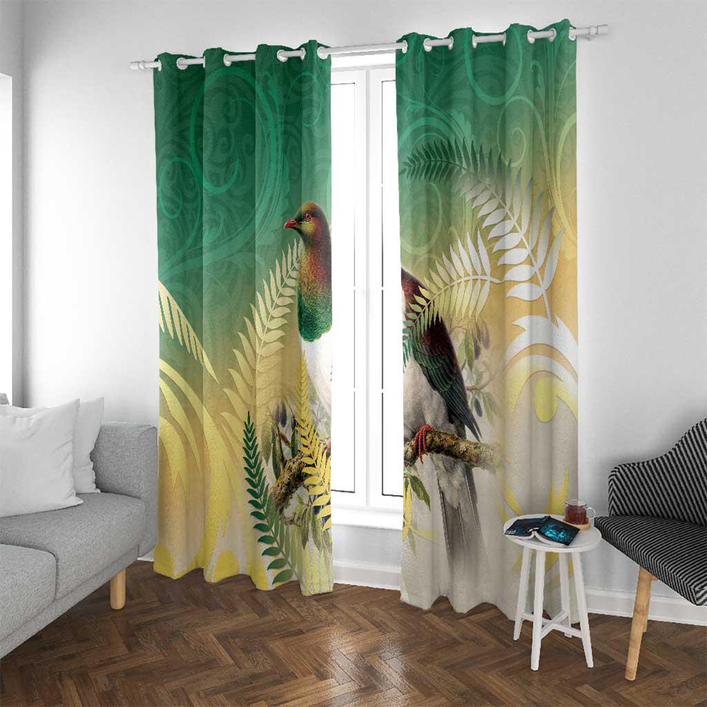 New Zealand Pigeon Kereru Window Curtain Maori Fern Art Green Gradient - Polynesian Pride