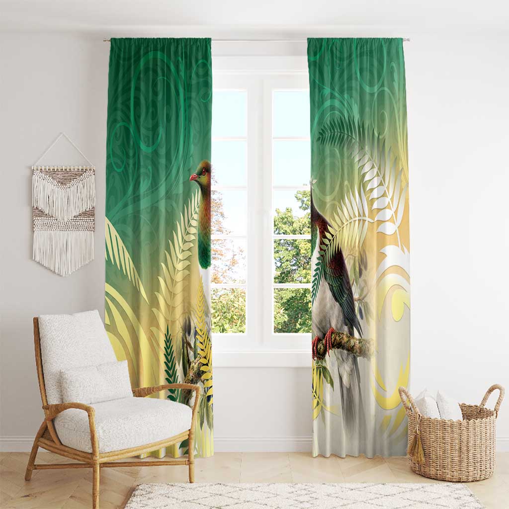 New Zealand Pigeon Kereru Window Curtain Maori Fern Art Green Gradient - Polynesian Pride