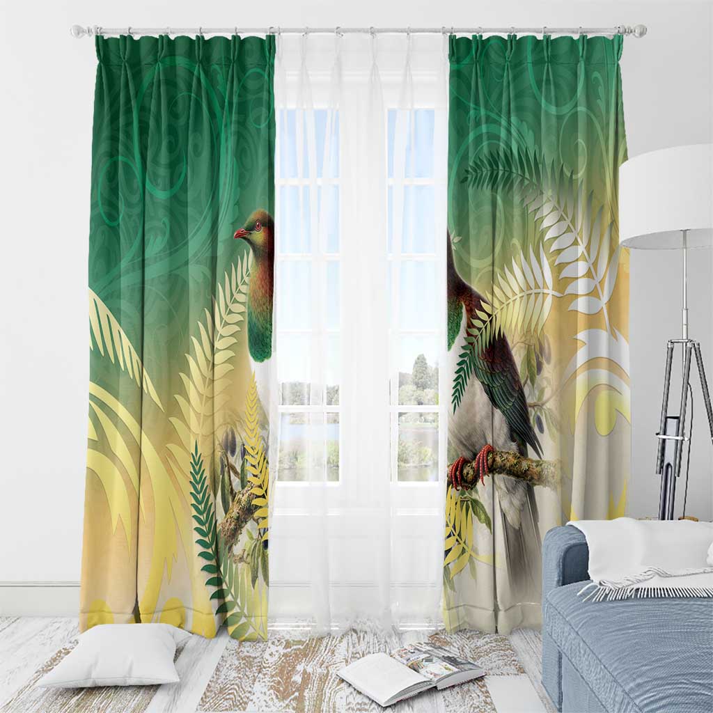 New Zealand Pigeon Kereru Window Curtain Maori Fern Art Green Gradient - Polynesian Pride