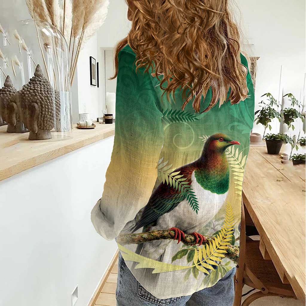 New Zealand Pigeon Kereru Women Casual Shirt Maori Fern Art Green Gradient - Polynesian Pride