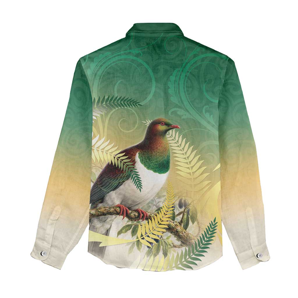 New Zealand Pigeon Kereru Women Casual Shirt Maori Fern Art Green Gradient - Polynesian Pride