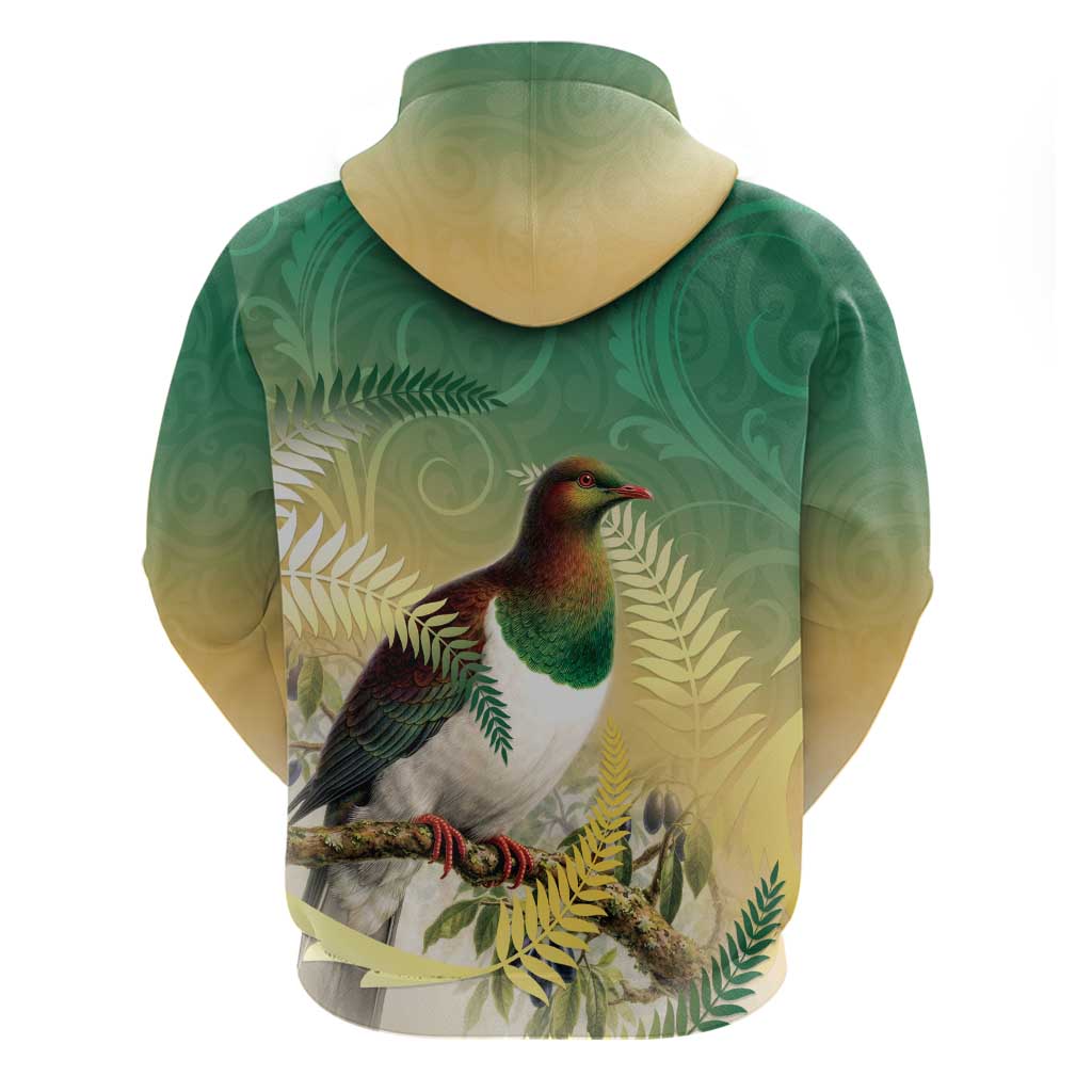 New Zealand Pigeon Kereru Zip Hoodie Maori Fern Art Green Gradient - Polynesian Pride
