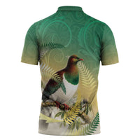 New Zealand Pigeon Kereru Zipper Polo Shirt Maori Fern Art Green Gradient - Polynesian Pride