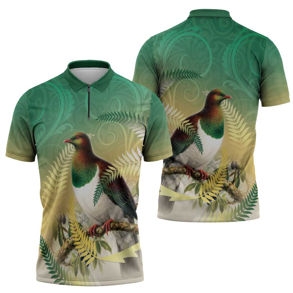 New Zealand Pigeon Kereru Zipper Polo Shirt Maori Fern Art Green Gradient - Polynesian Pride