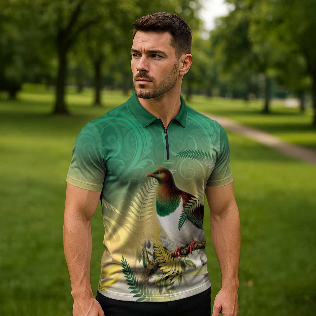 New Zealand Pigeon Kereru Zipper Polo Shirt Maori Fern Art Green Gradient - Polynesian Pride