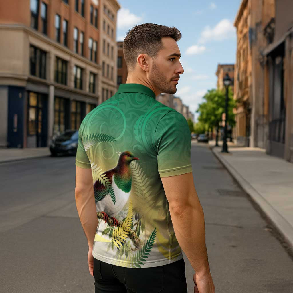 New Zealand Pigeon Kereru Zipper Polo Shirt Maori Fern Art Green Gradient - Polynesian Pride
