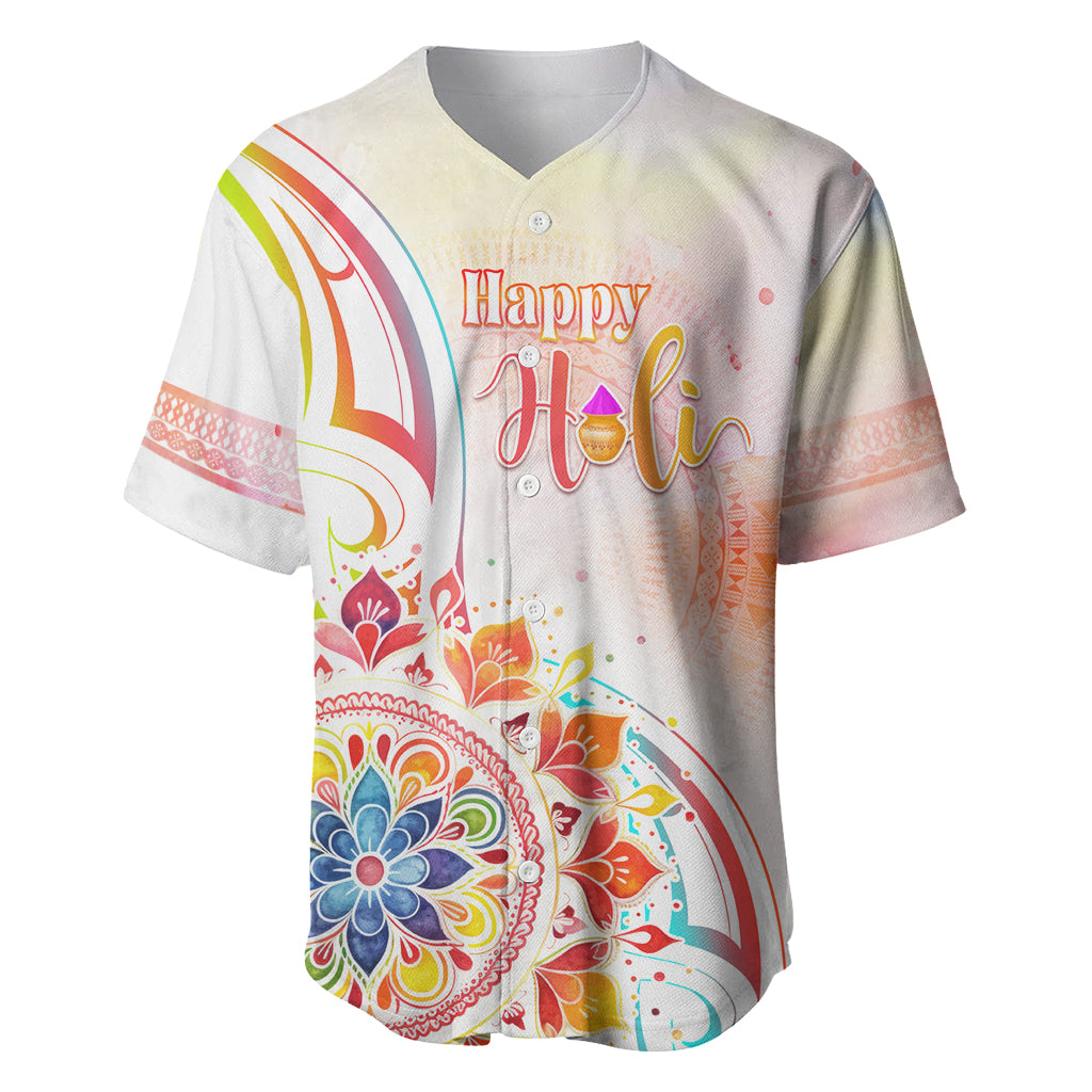 Happy Holi Festival Baseball Jersey Rangoli With Polynesian Pattern LT05 White - Polynesian Pride