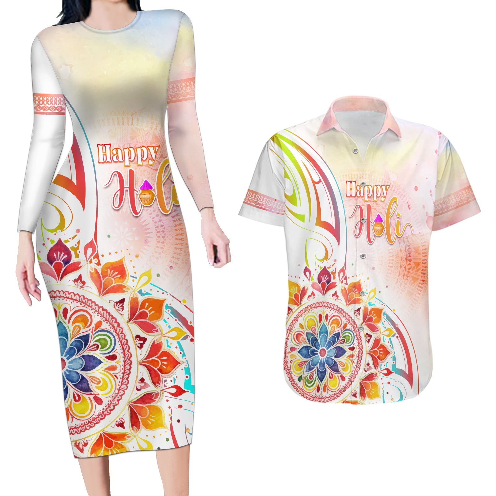 Happy Holi Festival Couples Matching Long Sleeve Bodycon Dress and Hawaiian Shirt Rangoli With Polynesian Pattern LT05 White - Polynesian Pride