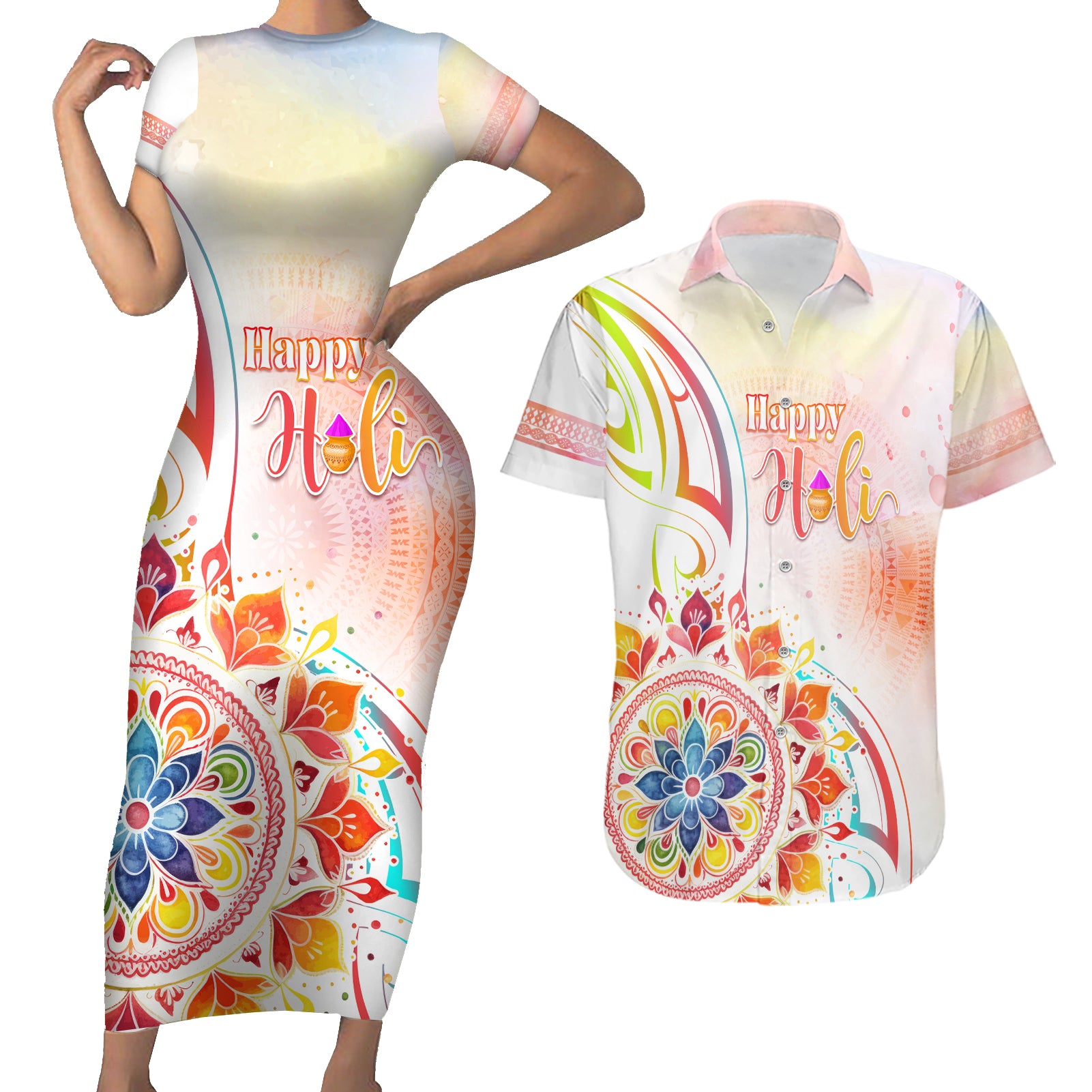 Happy Holi Festival Couples Matching Short Sleeve Bodycon Dress and Hawaiian Shirt Rangoli With Polynesian Pattern LT05 White - Polynesian Pride