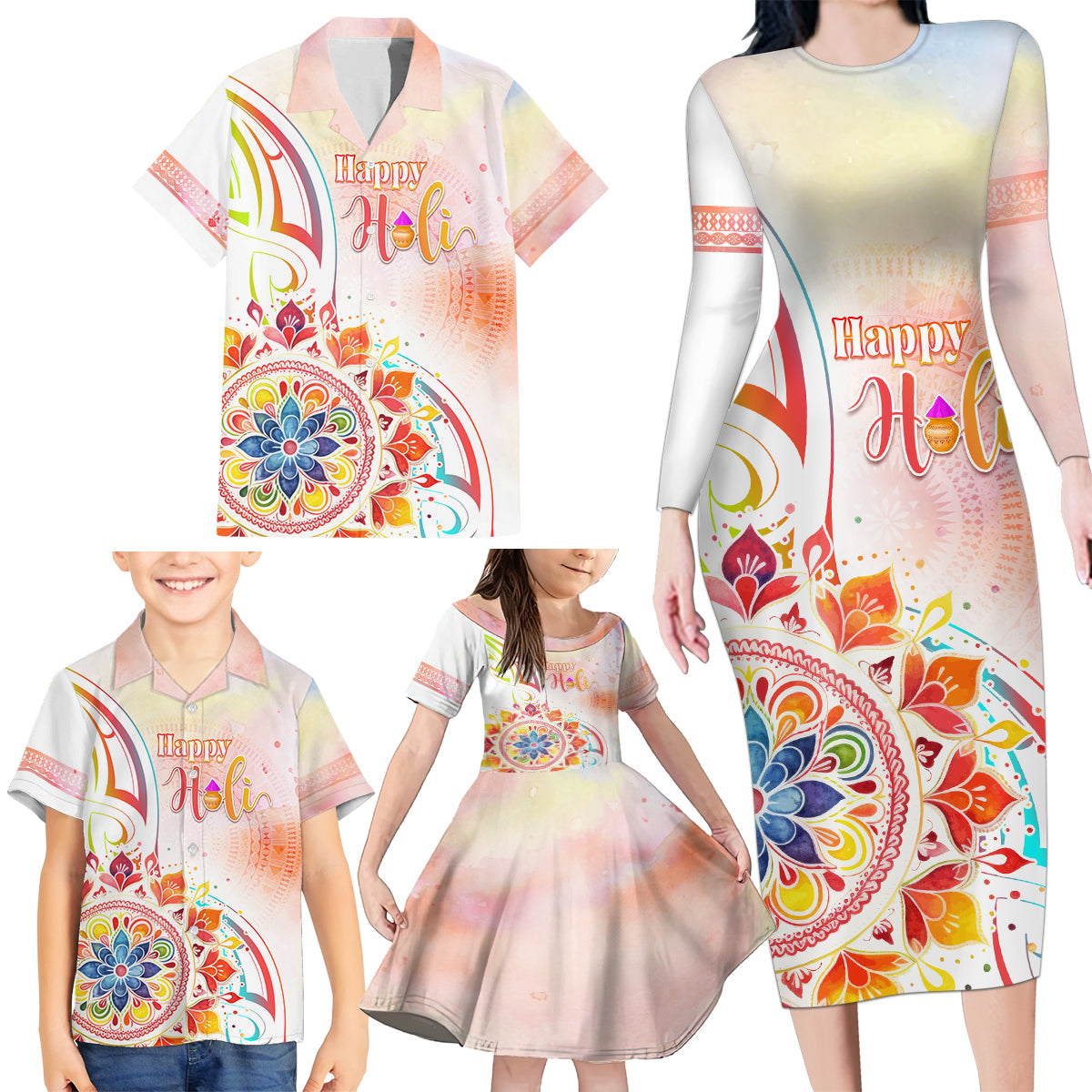 Happy Holi Festival Family Matching Long Sleeve Bodycon Dress and Hawaiian Shirt Rangoli With Polynesian Pattern LT05 - Polynesian Pride